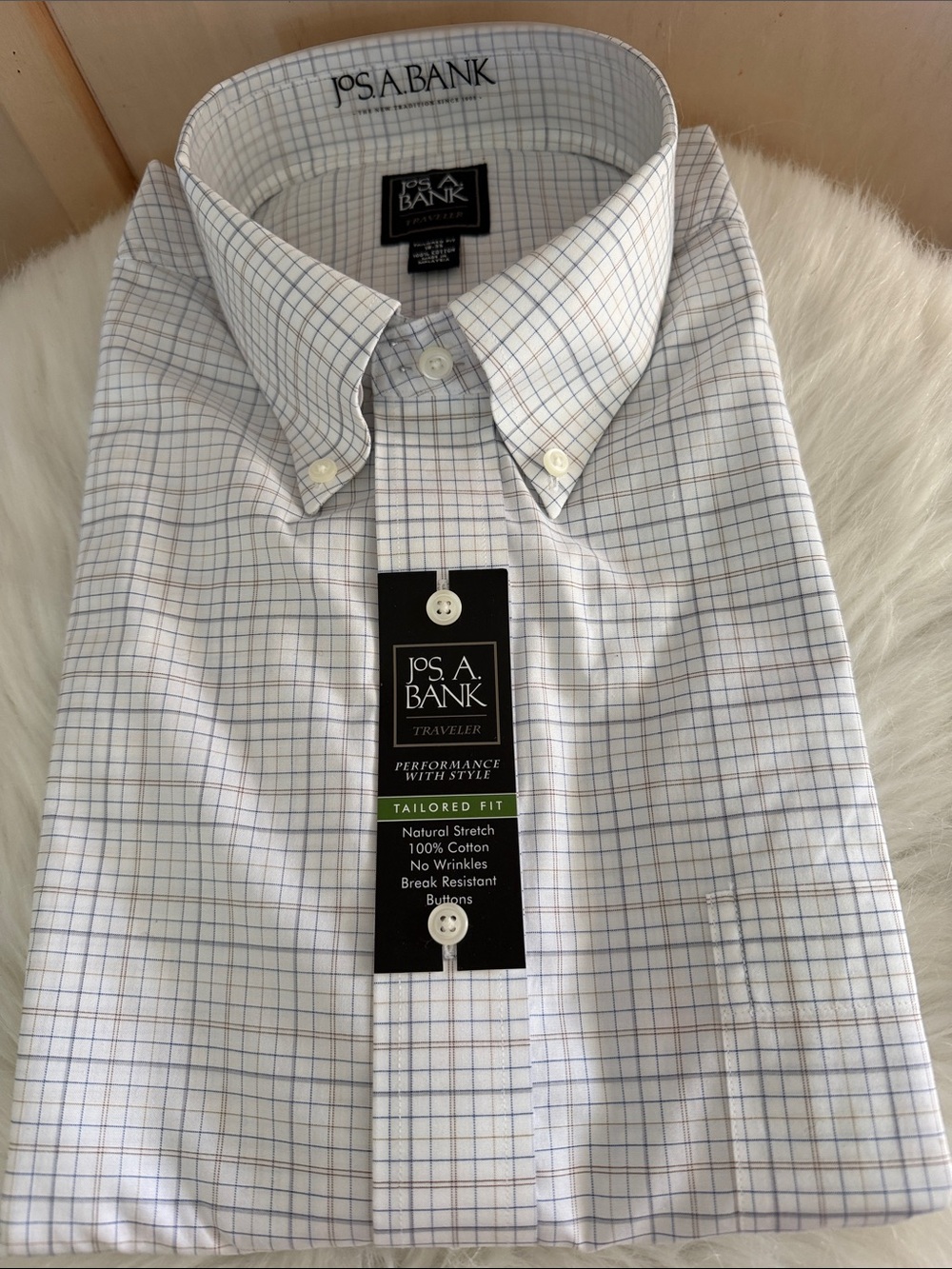 Jos. A. Bank Traveler Performance White Dress Shirt with Blue and Tan Windowpane